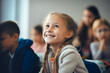 Portrait of smiling elementary school girl sitting bored in classroom