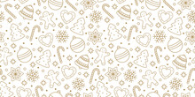 Festive Seamless Christmas Pattern. Gingerbread Man And Candies, Christmas Balls, Snowflakes, Spruce On A White Background. Vector Illustration.