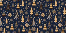 Festive Christmas Pattern. Forest On A Blue Background, Snow And Spruce. Vector Illustration.