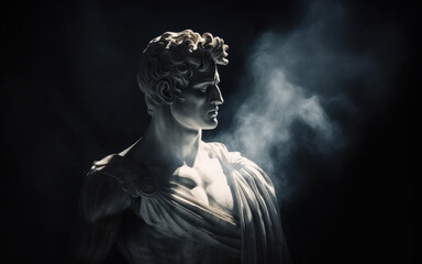 Wall Mural - Ancient antique statue of male person in mystical haze on gloomy dark background, beautiful statue of young adult man in aura of beauty and mystery in timeless allure