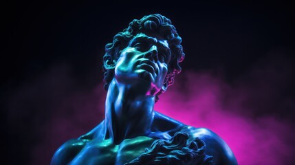 Sticker - Ancient antique statue of male person in mystical neon glow haze, gloomy dark background, beautiful statue of young adult man in aura of beauty and mystery in timeless allure