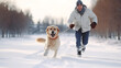 A man runs with a dog in a snowy winter park