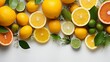 Citrus assortment of grapefruit with lemons and orange. Delicious vitamin composition of orange fruits. Healthy eating and diet food, banner on a white background.