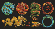 Asian Dragons Colorful Set Logotype