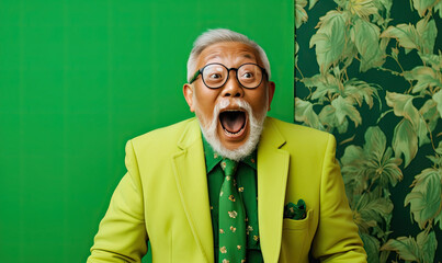 Joyful Asian man laughs heartily, his vibrant green attire.