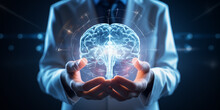 The Doctor Holds A Projection Of The Human Brain In His Hands