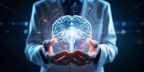 Wall Mural - the doctor holds a projection of the human brain in his hands