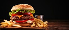 Unhealthy Concept Shown With Delicious Burger And Fries On Wooden Table