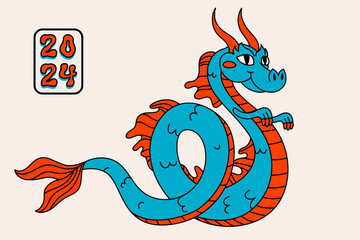 Retro style groovy cartoon dragon greeting card. Vintage 70s a funny smiling dragon character, symbol of the year, in red and blue colors