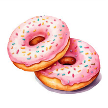 Sweet Watercolor Donuts On White Background