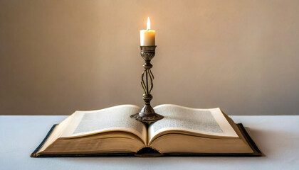Wall Mural - Candle light with over open bible book, close up.