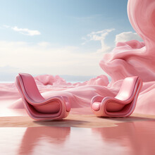 Abstract pink armchairs on glossy floor with surreal sky background