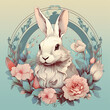Easter card with bunny and flowers in a frame in Rococo style, pastel gray colors. Square format.