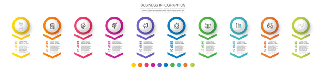 Vector business infographics template. Timeline with ten circle, icon, arrow, steps, 10 number options. Can be used for workflow layout, diagram, chart, banner, web design. Modern illustration