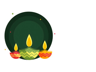 Sticker - Happy Diwali Concept with Illuminated Oil Lamps (Diya), Empty Green Round Frame for Your Message.