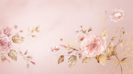  Minimalist wallpaper with golden flowers and botanical leaves.