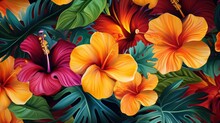 Tropical Flowers, Plants, Leaves. Vector Of An Exotic Hawaiian Flower Pattern For A Wallpaper.