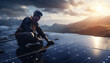 engineer works on photovoltaic solar panels at sunset. Concept: renewable energy sources.