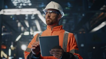 Poster - Serious factory supervisor looking at manufacturing making notes tablet close up
