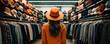 A young woman with a hat in a clothes store, view from behind