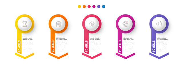 Vector modern infographic with 5 circles and arrows. 3D concept graphic process template with five steps and icons. Timeline for the business project on white background