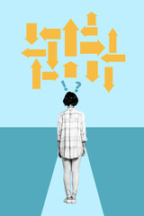 Poster - Vertical collage image of black white effect minded girl question exclamation mark head pick arrow pointer indicator isolated on blue background