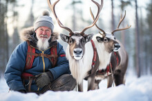 Santa Claus With Reindeer In Winter Forest. Christmas And New Year Concept.