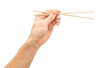 isolated of a man's hand holding a wood chopstick.