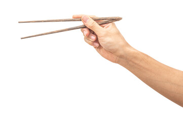 isolated of a man's hand holding a wood chopstick.