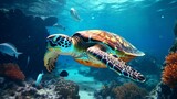 Fototapeta Do akwarium - A beautiful sea turtle swims among various algae and corals in the sea or ocean. Marine inhabitants. Colorful exotic fish species around. Generative AI.