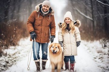 Wall Mural - Happy family walking in winter forest with dog