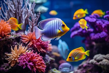 Wall Mural - Beautiful colorful sea fish live in an aquarium among various algae and corals. Rare fish species in the aquarium. Generative AI.