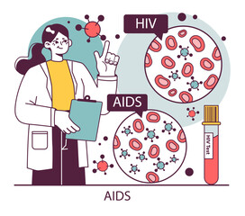 Wall Mural - World AiDs day. HIV, immunodeficiency virus transmission, laboratory diagnostic and treatment therapy. Dangerous disease awareness, stigma break. Flat vector illustration