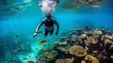 Fototapeta Do akwarium - Person swims underwater with scuba gear and fins in the ocean among various beautiful fish and corals. Active summer sea sports. Man scuba diver. Generative AI.