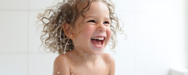 Aufkleber - Happy young toddler girl in fresh shower on white background Generative AI