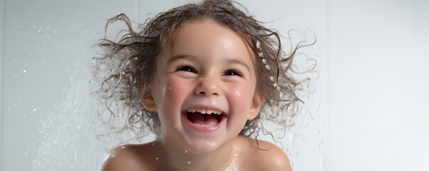Poster - Happy young toddler girl in fresh shower on white background Generative AI