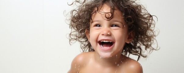 Aufkleber - Happy young toddler girl in fresh shower on white background Generative AI