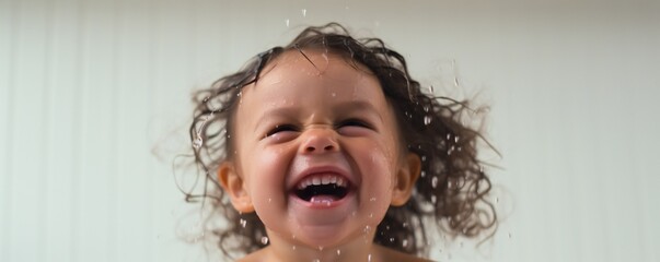Aufkleber - Happy young toddler girl in fresh shower on white background Generative AI