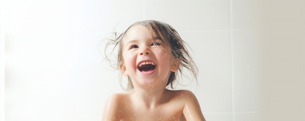 Poster - Happy young toddler girl in fresh shower on white background Generative AI