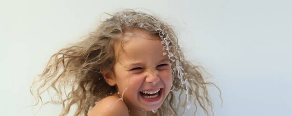 Aufkleber - Happy young toddler girl in fresh shower on white background Generative AI