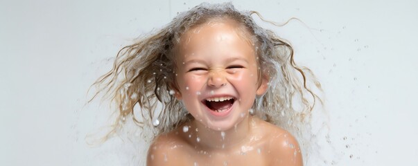 Aufkleber - Happy young toddler girl in fresh shower on white background Generative AI