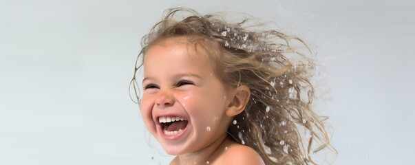 Aufkleber - Happy young toddler girl in fresh shower on white background Generative AI