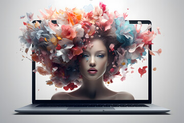 Laptop screen displaying a woman with colorful digital art effects