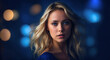 © Nemanja - Beautiful young girl with blonde hair and blue eyes wearing a blue dress looking at the camera, blue bokeh background