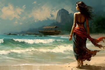 Wall Mural - Woman nature beach travel sea water vacation ocean female person young summer beauty