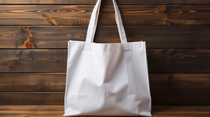 Illustration of an eco-friendly white shopper bag on a wooden background. Recycling. Wallpaper.