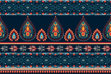 Poster - Abstract ethnic border seamless pattern flower design. Aztec fabric boho mandalas textile wallpaper. Tribal native motif African American sari elegant embroidery vector background 