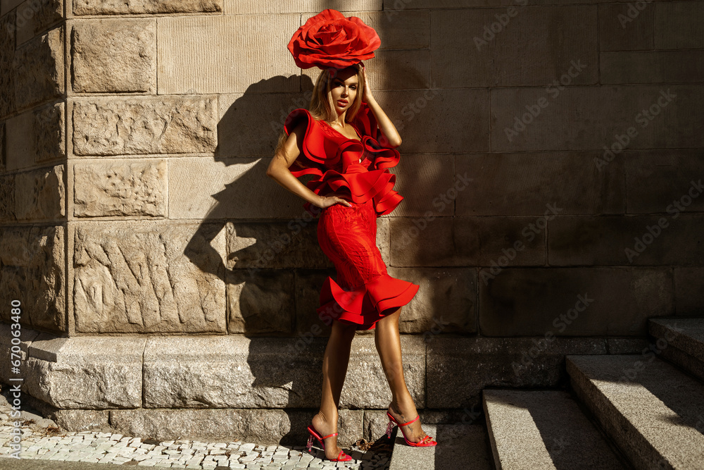 Woman In Ruffled Roses Glamour, elegant woman woman stylized as a rose flower is wearing red ...