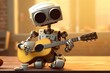 an unusual robot sitting on a table near a coffee mug and holding a guitar, wearing a peculiar expression. Generative AI