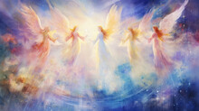 Digital Art Of Colorful Angels With Open Wings In The Heavens.